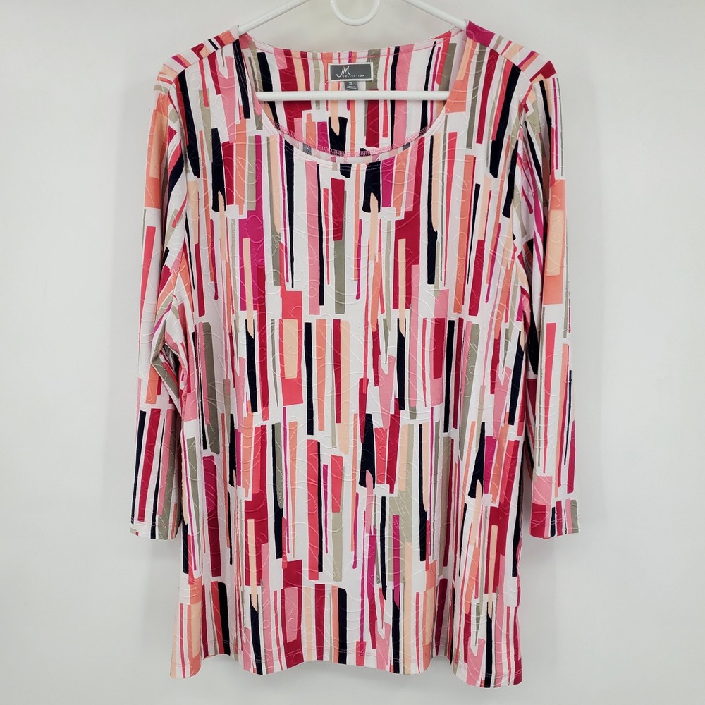 JM Collection XL Pink Abstract Geometric Stripe 3/4 Sleeve Blouse Top Office